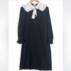 Vintage Doncaster Black Midi Dress White Ruffle Collar Bow Tie Button Front 90s